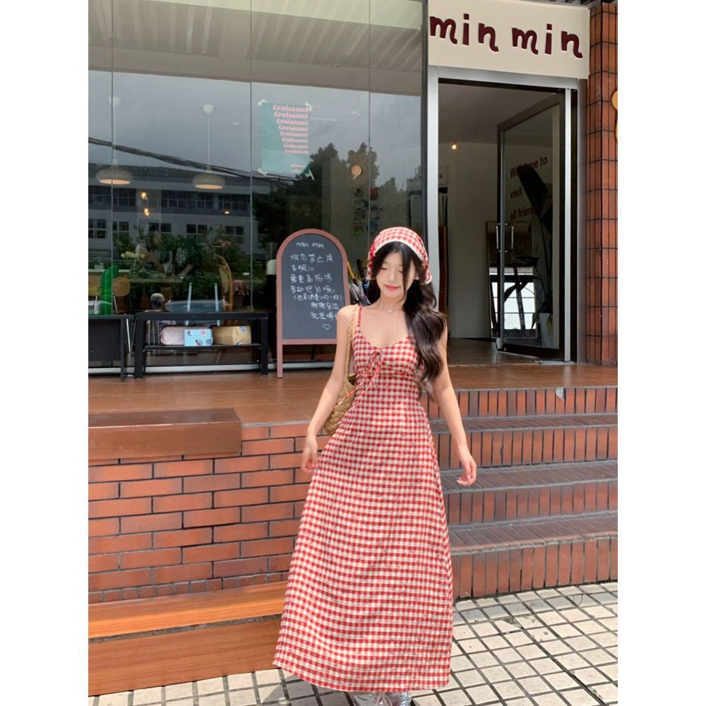 Backless Red Plaid Suspender Dress – Summer French Style