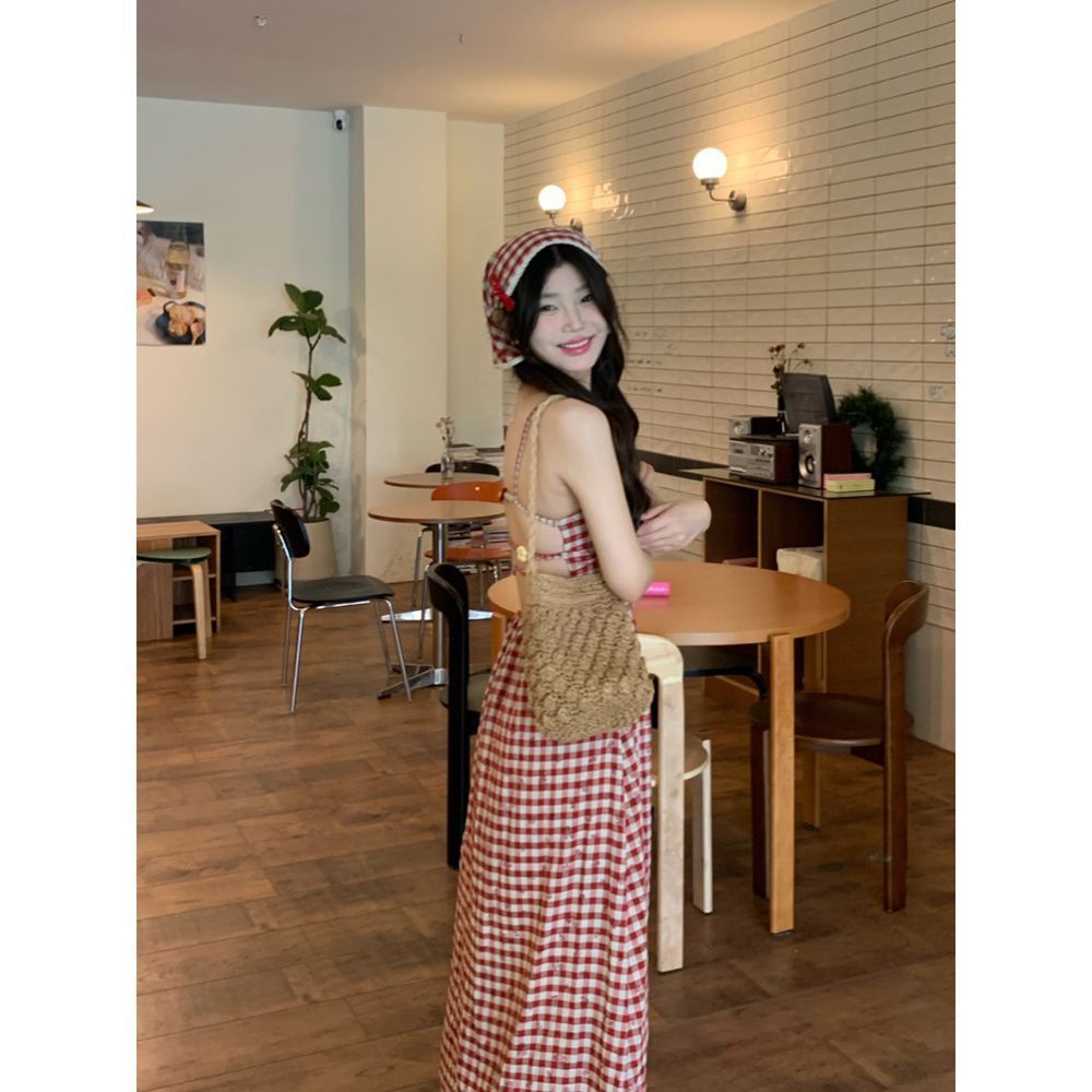 Backless Red Plaid Suspender Dress – Summer French Style