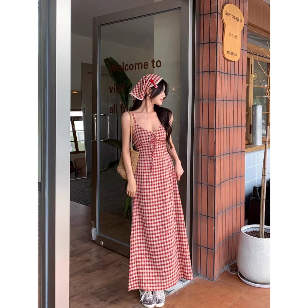 Backless Red Plaid Suspender Dress – Summer French Style