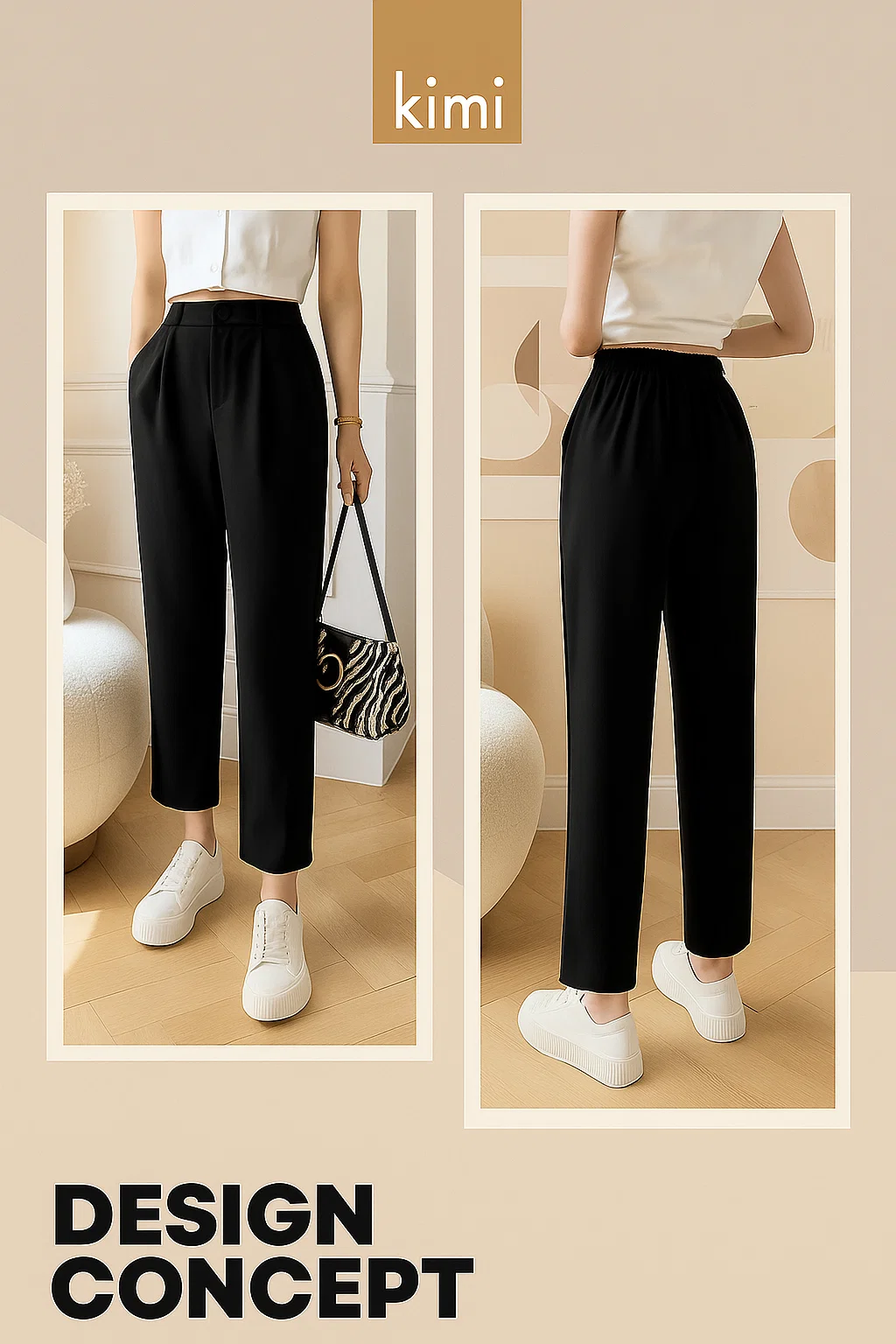 Full front view – high-waist trousers for work, travel, or daily wear